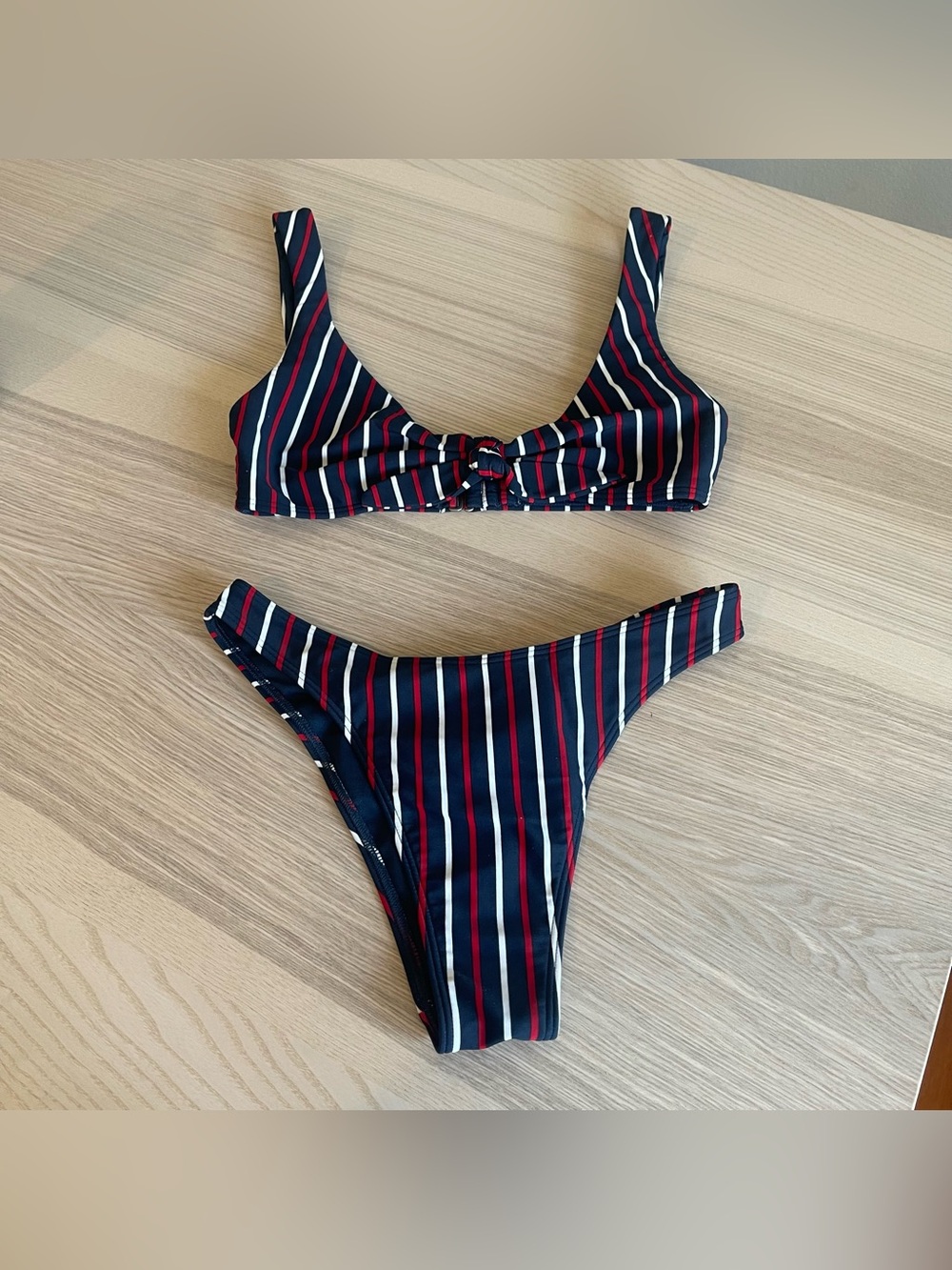 Hollister Navy Red White Striped Swimsuit XS Knot Front 2-Pc Nautical Y2K Swim